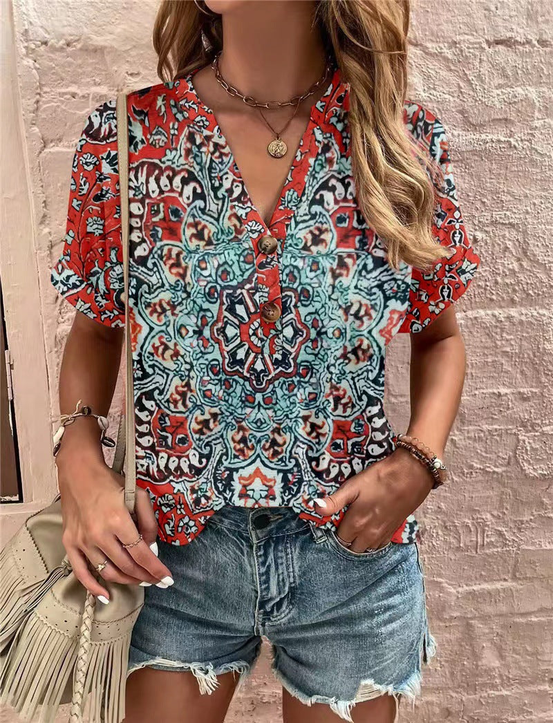 Unique Women's Printed Button Fashion Sleeve Shorts