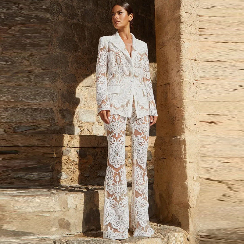 Mesh Embroidered Sequined Trousers Two-piece Set Fashion Casual Suit