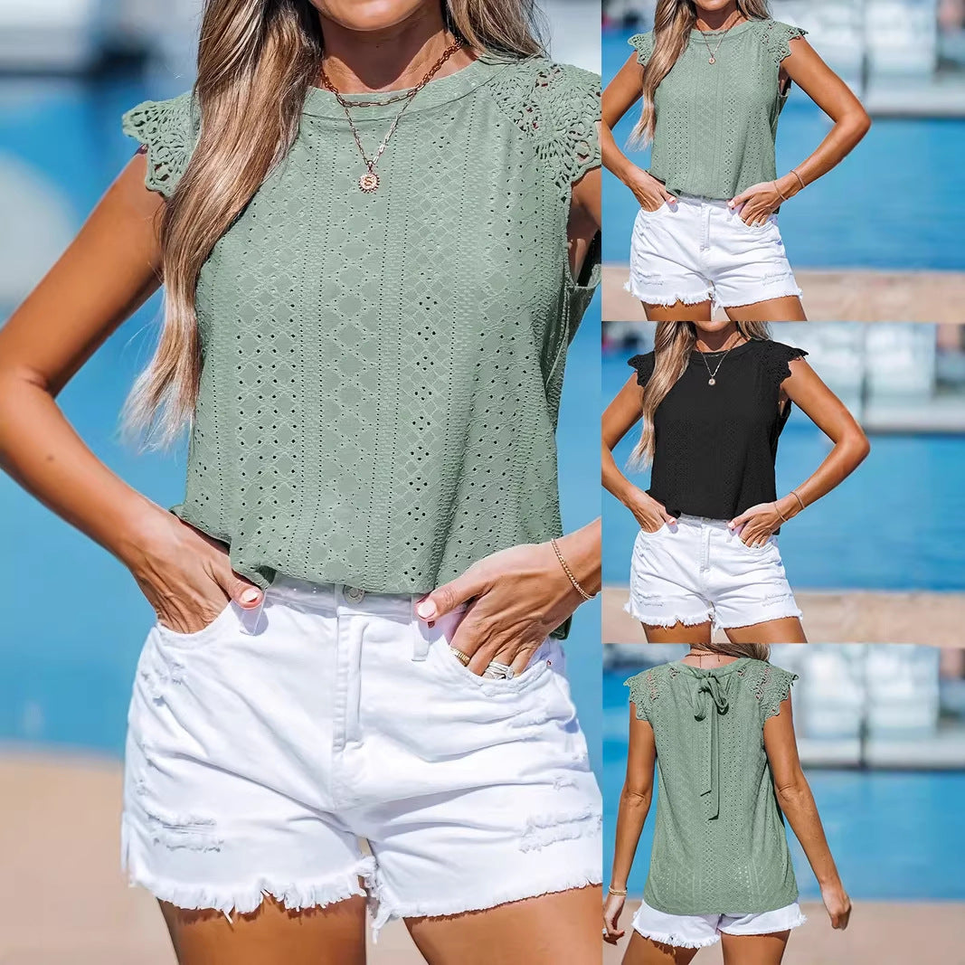Women's V Lace Stitching Eyelet Short-sleeved T-shirt Small Vest/suspenders/tube Top