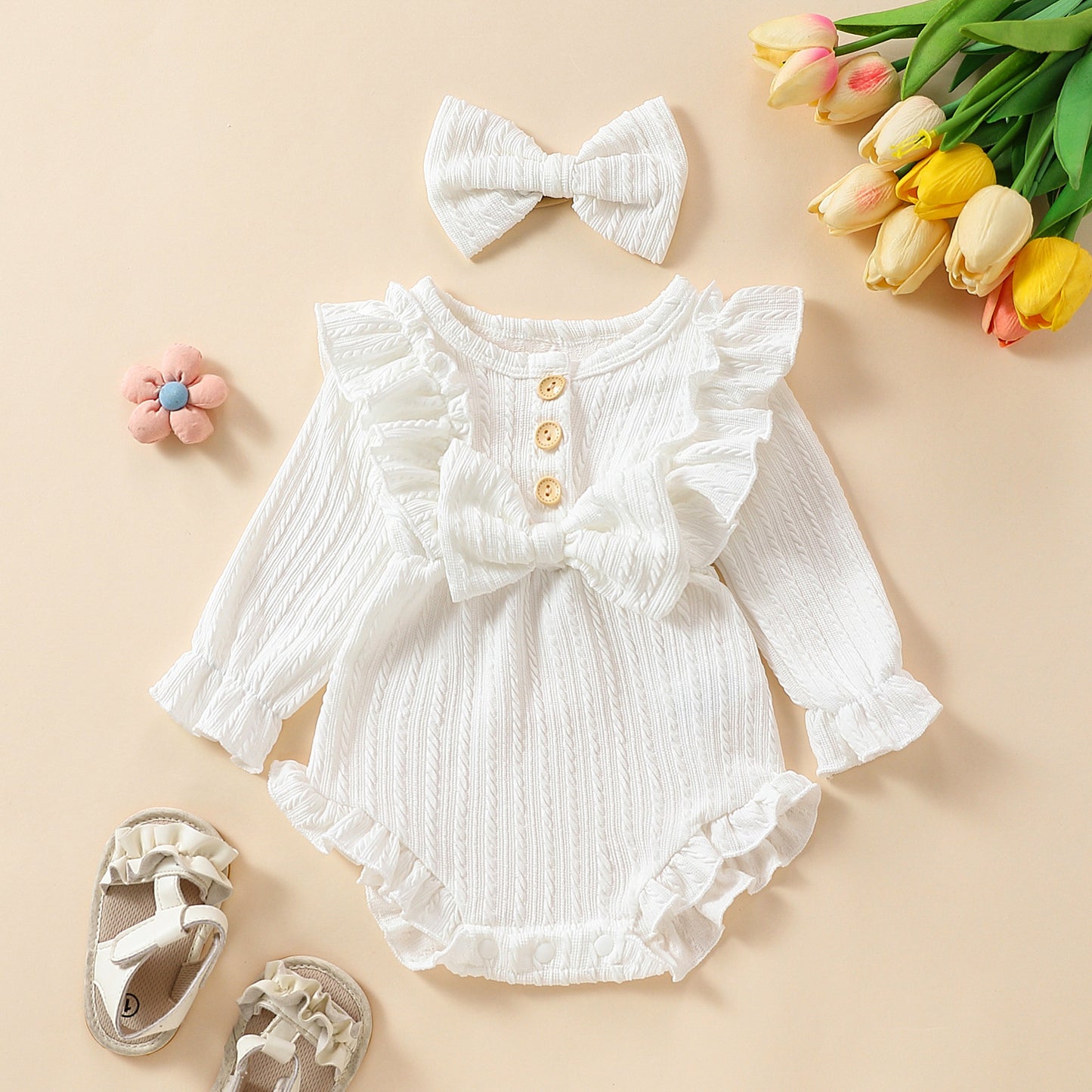 Long Sleeve Bowknot Sunken Stripe Romper Headscarf Two-piece Set Sweet Jumpsuit, Climbing Suit