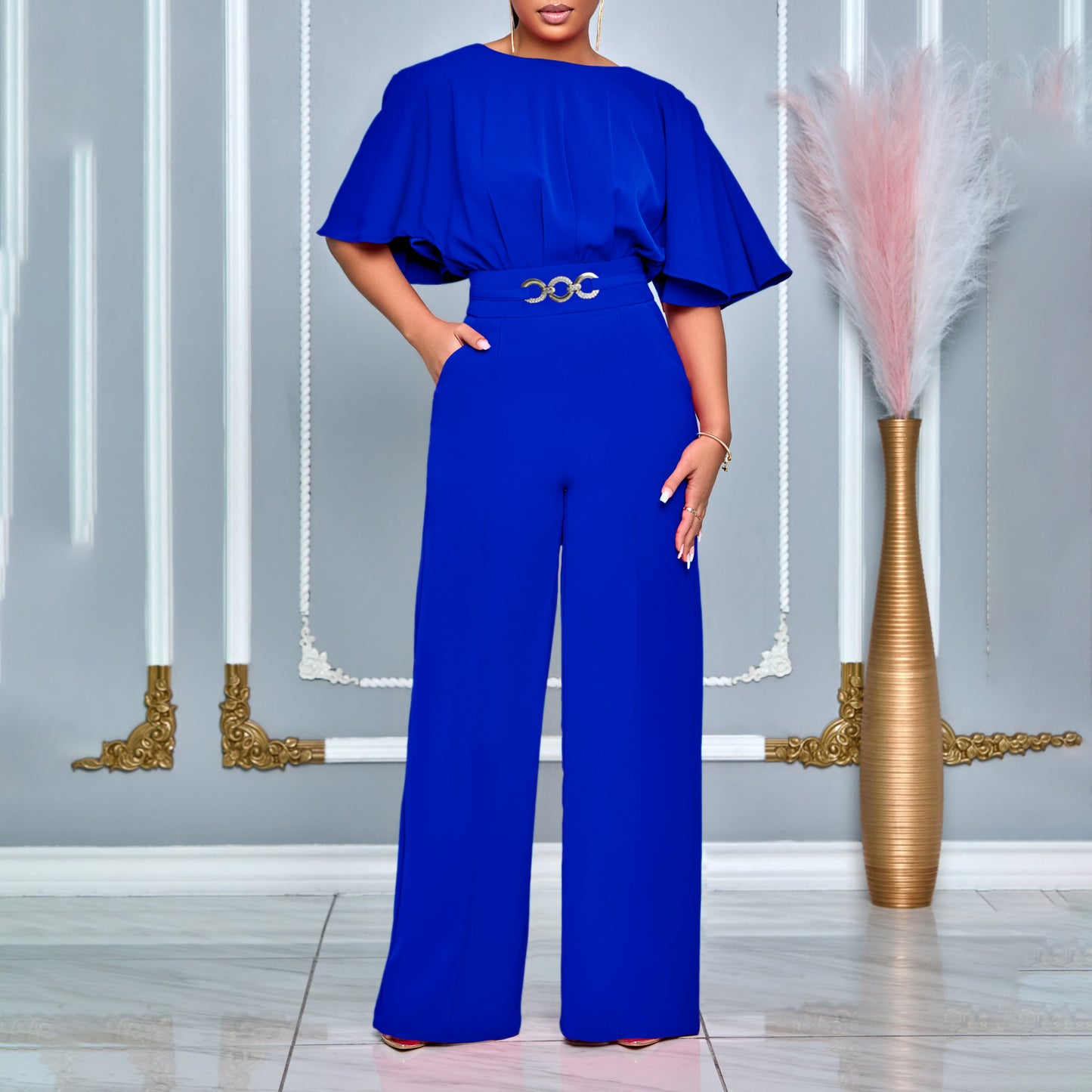 Women's Summer Fashion Round Neck Solid Color High Waist Jumpsuits