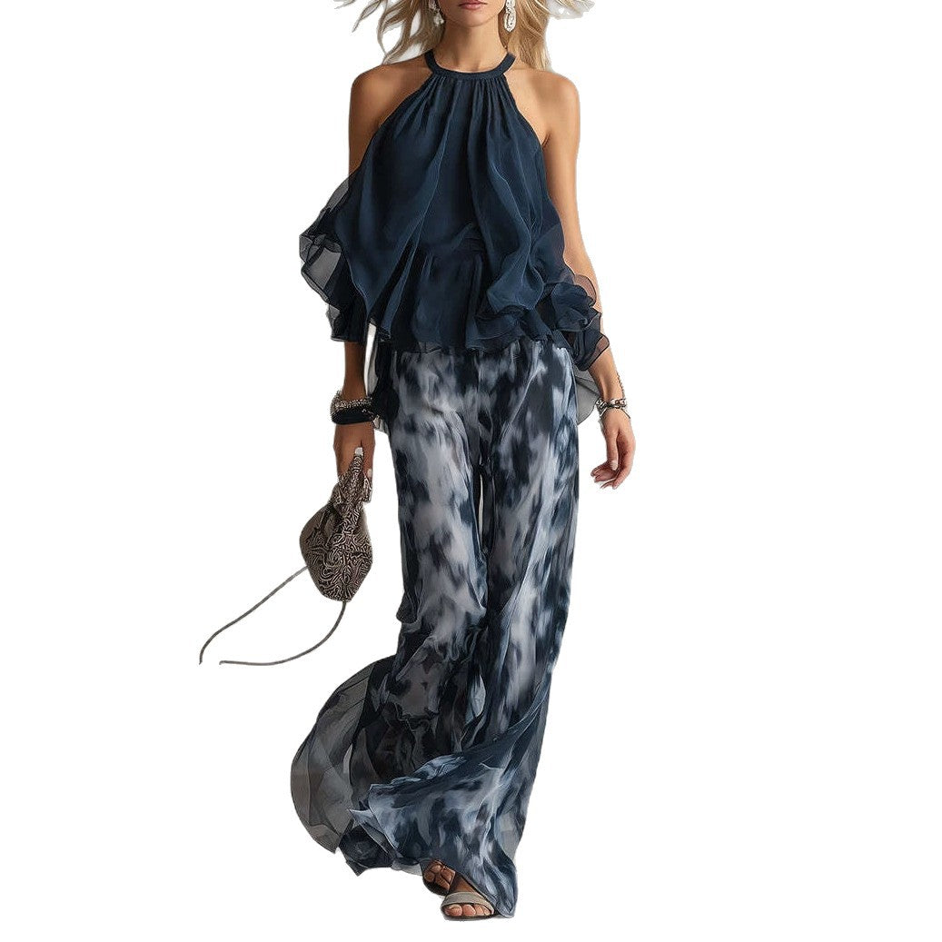 Classy Elegant Urban Camisole Printed Chiffon Pants