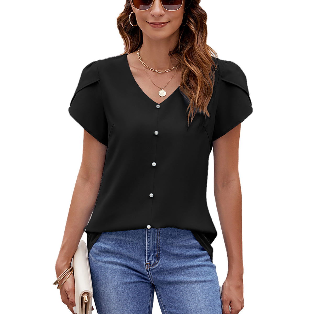 Glamorous Solid Color Sleeve Loose Pearl Tops