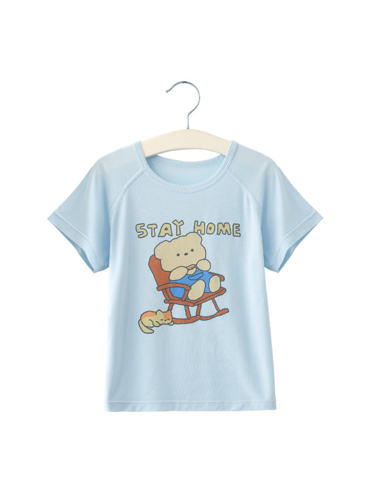 Summer Modal Short-sleeved Cartoon Bear Round Neck Top Half Sleeve Children's T-shirt