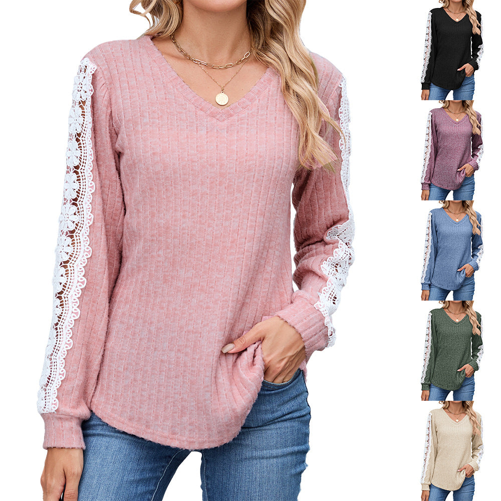 Women's Loose Long Sleeve Lace In Contrast Women's T-shirt