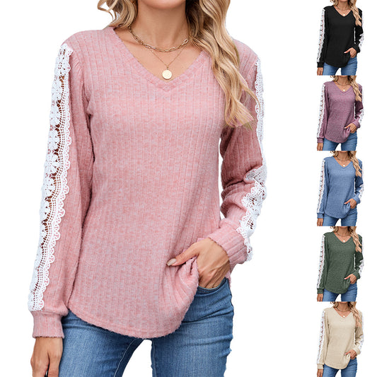 Women's Loose Long Sleeve Lace In Contrast Women's T-shirt