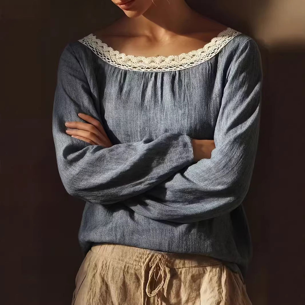 Women's Round Neck Lace Stitching Long Linen Sleeves Chinese Elegant Inner Women's T-shirt