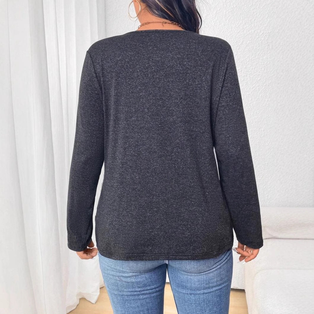 Women's Cross Long Sleeve Cotton Solid Color Casual Large Size T-shirt