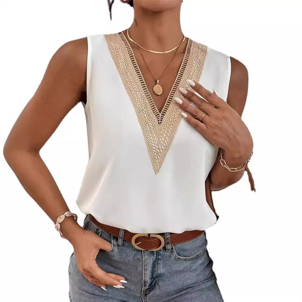 Women's Sleeveless Lace Stitching Simple Summer Blouses