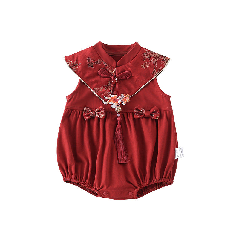 Red One Year Old Dress Romper Style Summer Born Clothes Jumpsuit, Climbing Suit