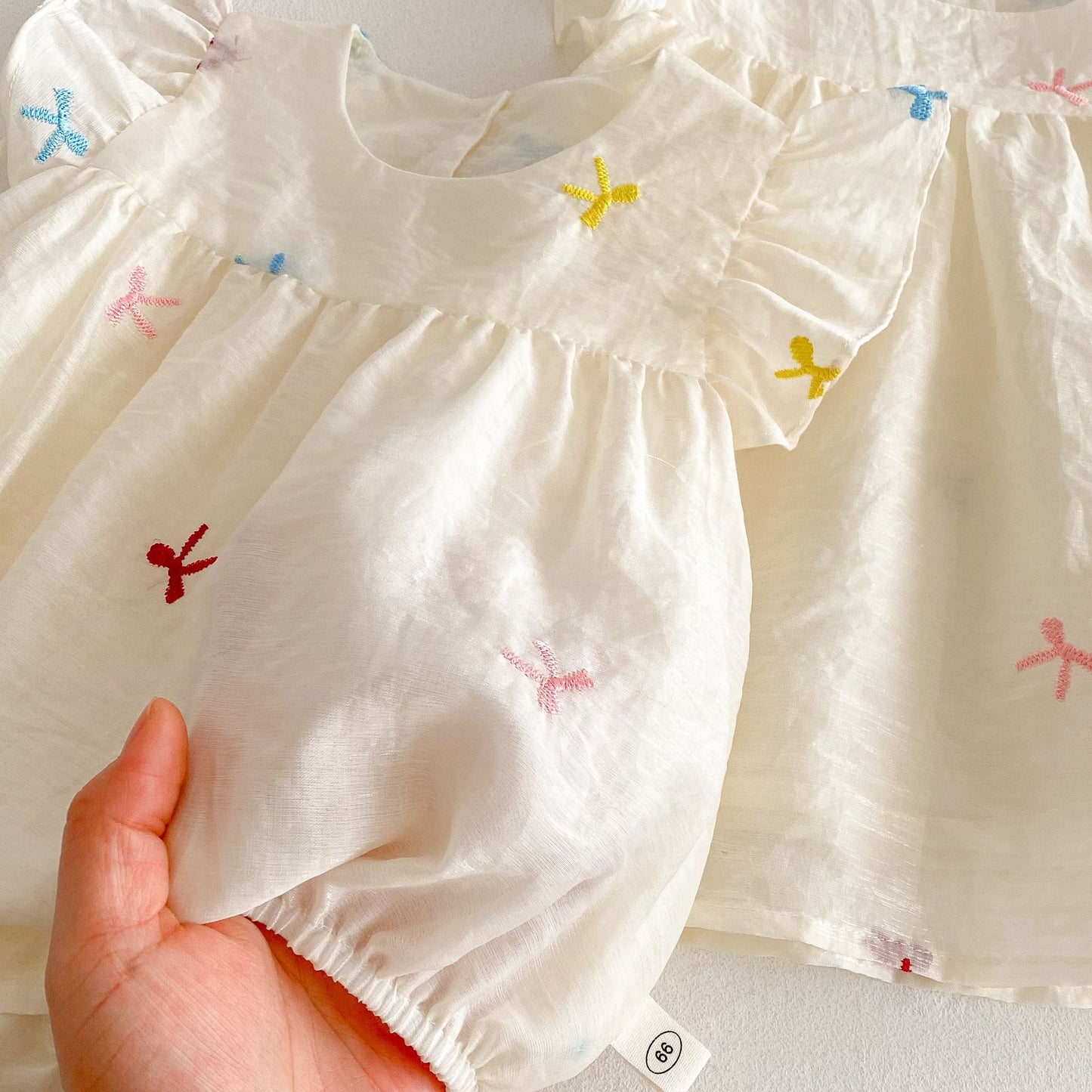 Small Left Right Summer Embroidered Bow Romper Jumpsuit, Climbing Suit