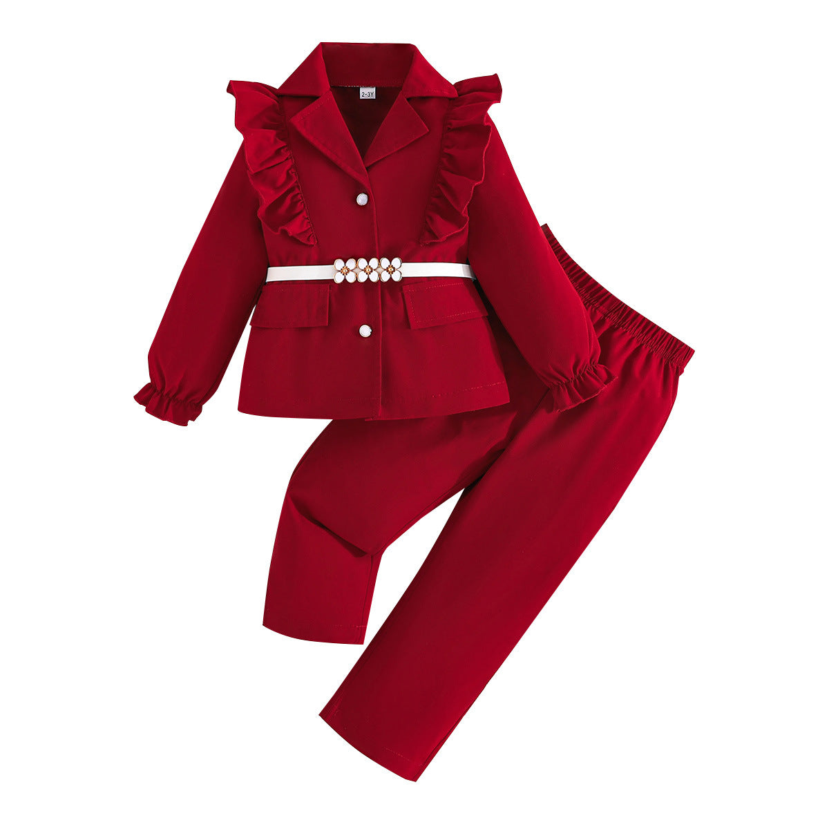 Children's Large Long Sleeve White Belt Top Ruffled Blazer Trousers Three Children's Suit