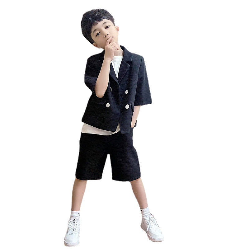 Children's Summer Short Sleeve Trendy Handsome British Dress Flower Catwalk Children's Suit