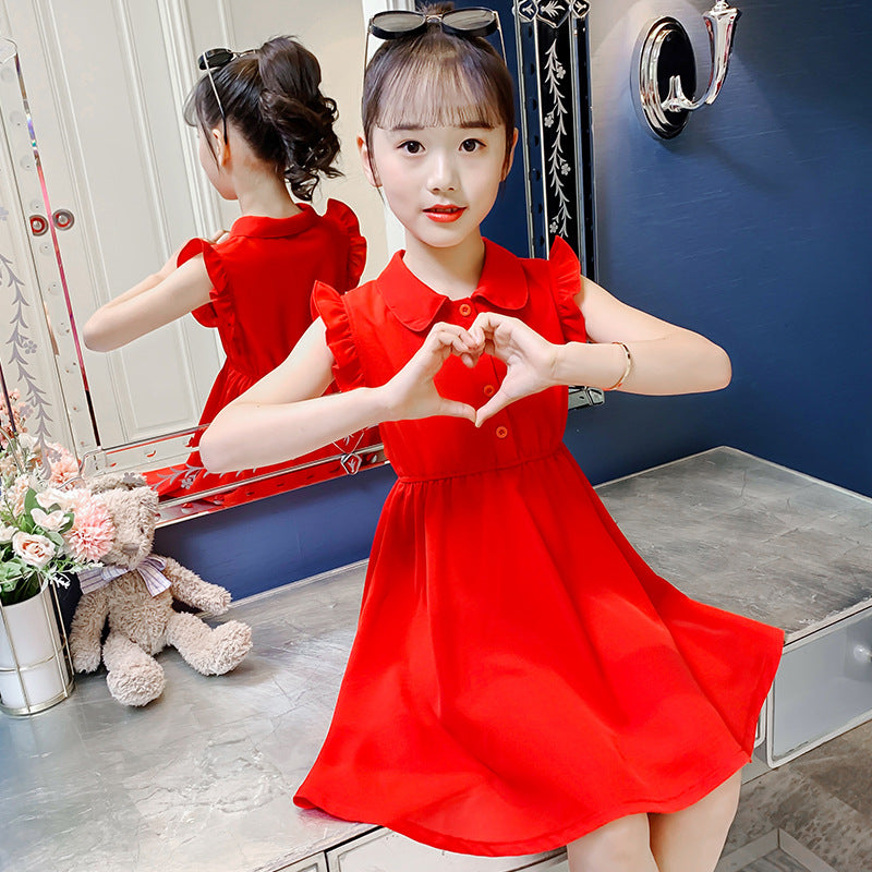 Children's Fashionable Solid Color Polo Collar Wooden Ear Teens Children's Dress