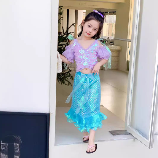 Suspenders Princess Puff Sleeve Beach Fishtail Children's Dress