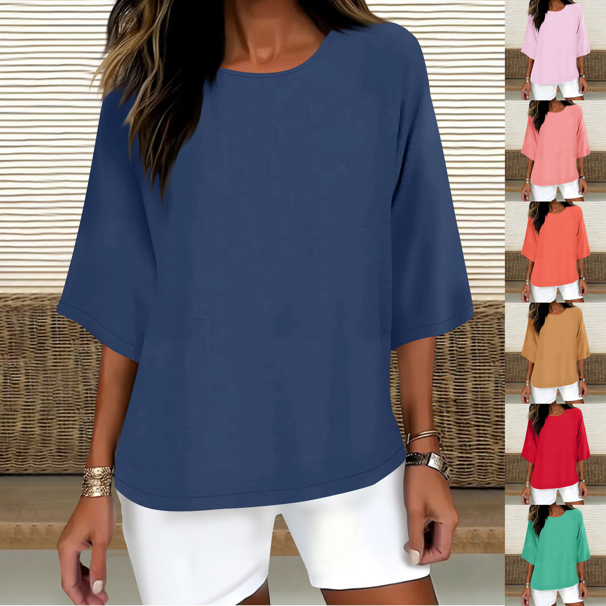Women's Three-quarter Sleeve Round Neck Cotton Linen Blouse