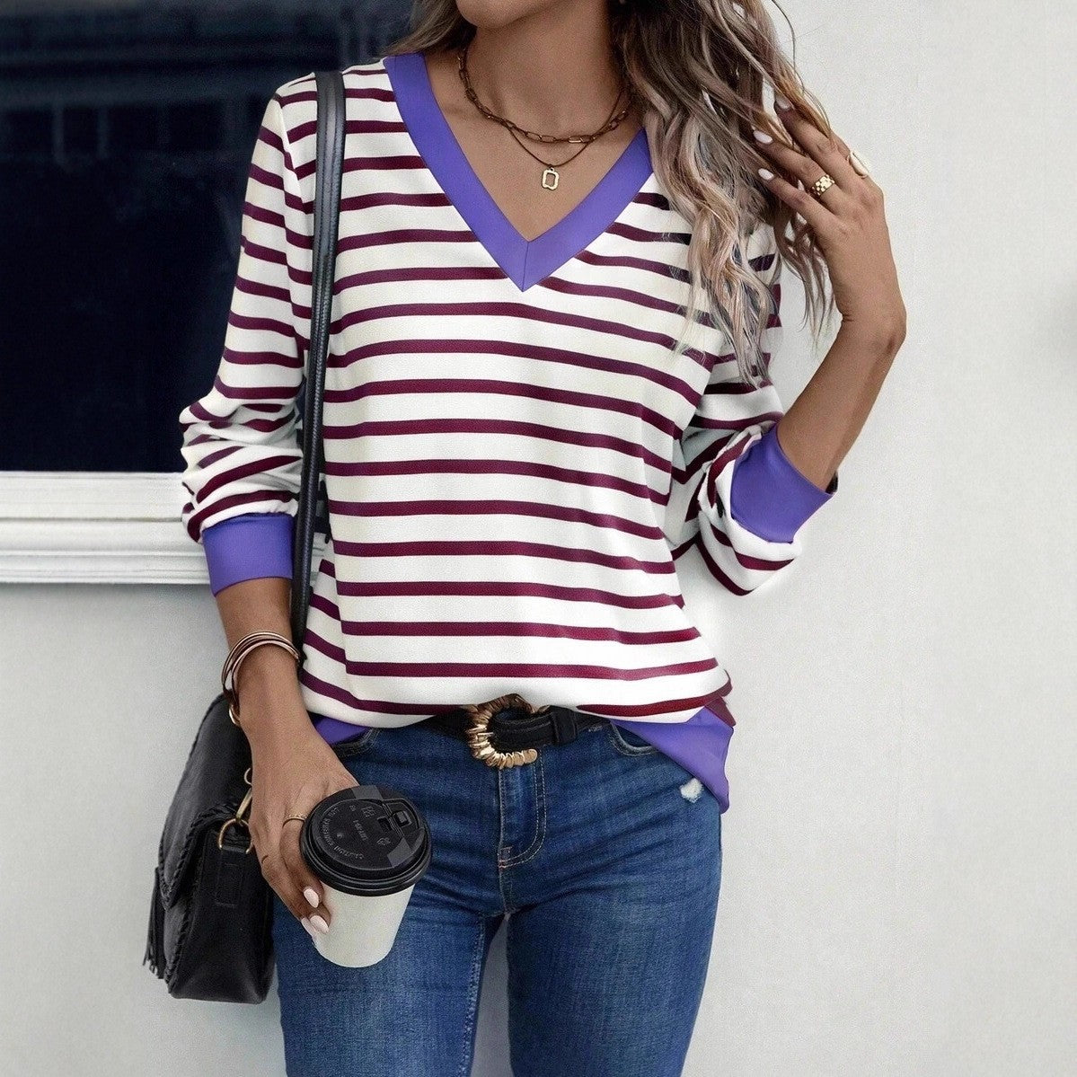 Women's Casual Striped V Neck Pullover Long Women's T-shirt
