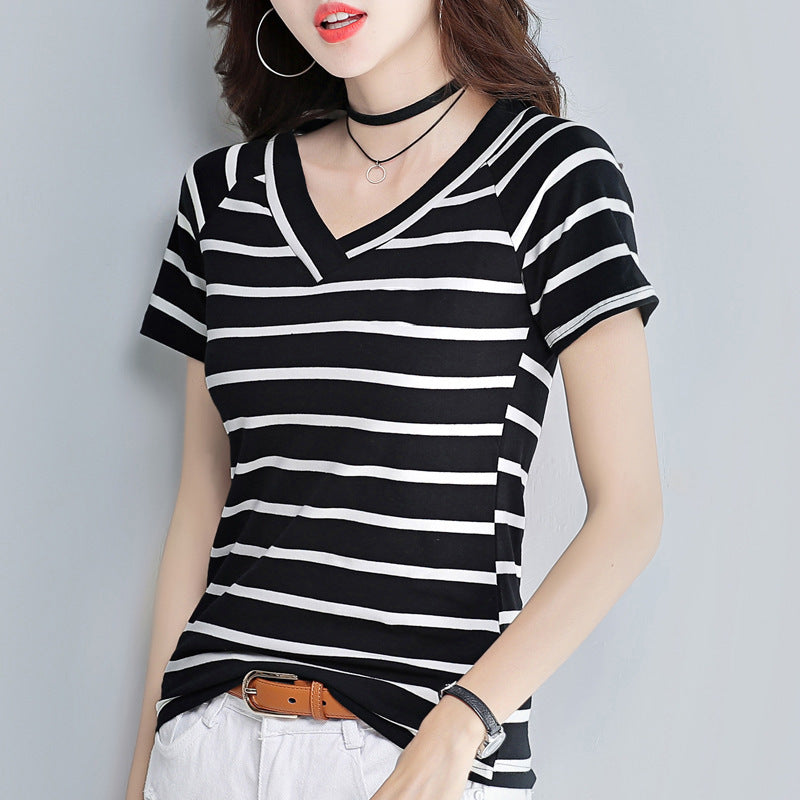 Women's Sleeve Bottoming Shirt Striped Minimalist Solid Women's T-shirt