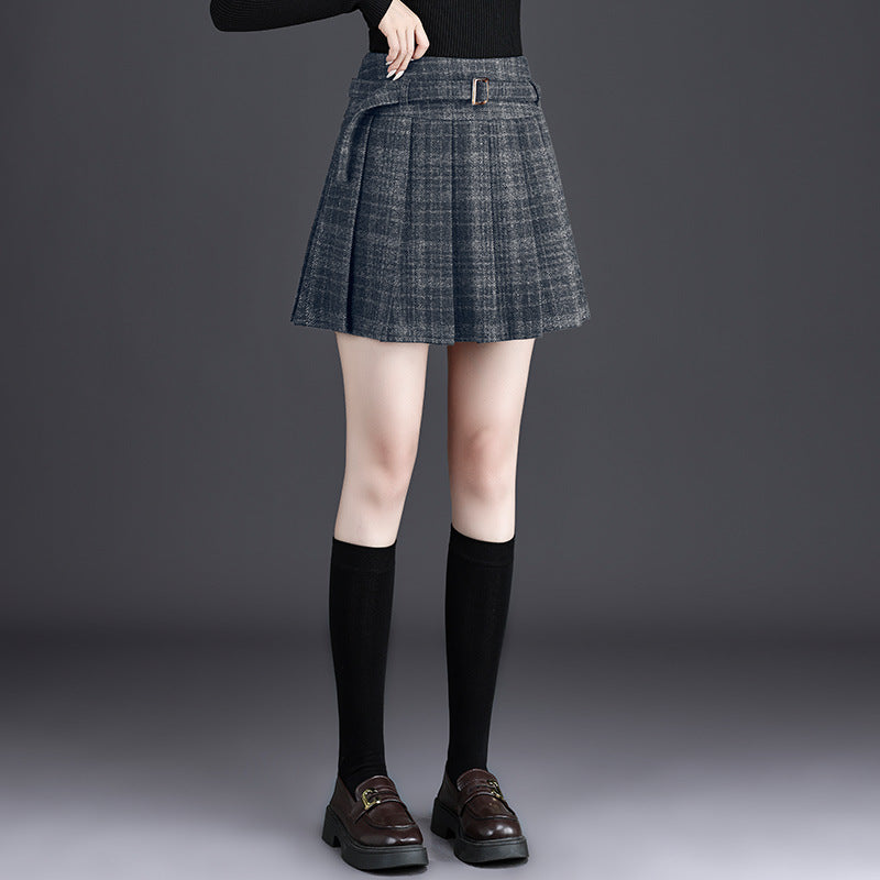 Women's Gray Plaid Pleated Thick High Waist A- Skirt