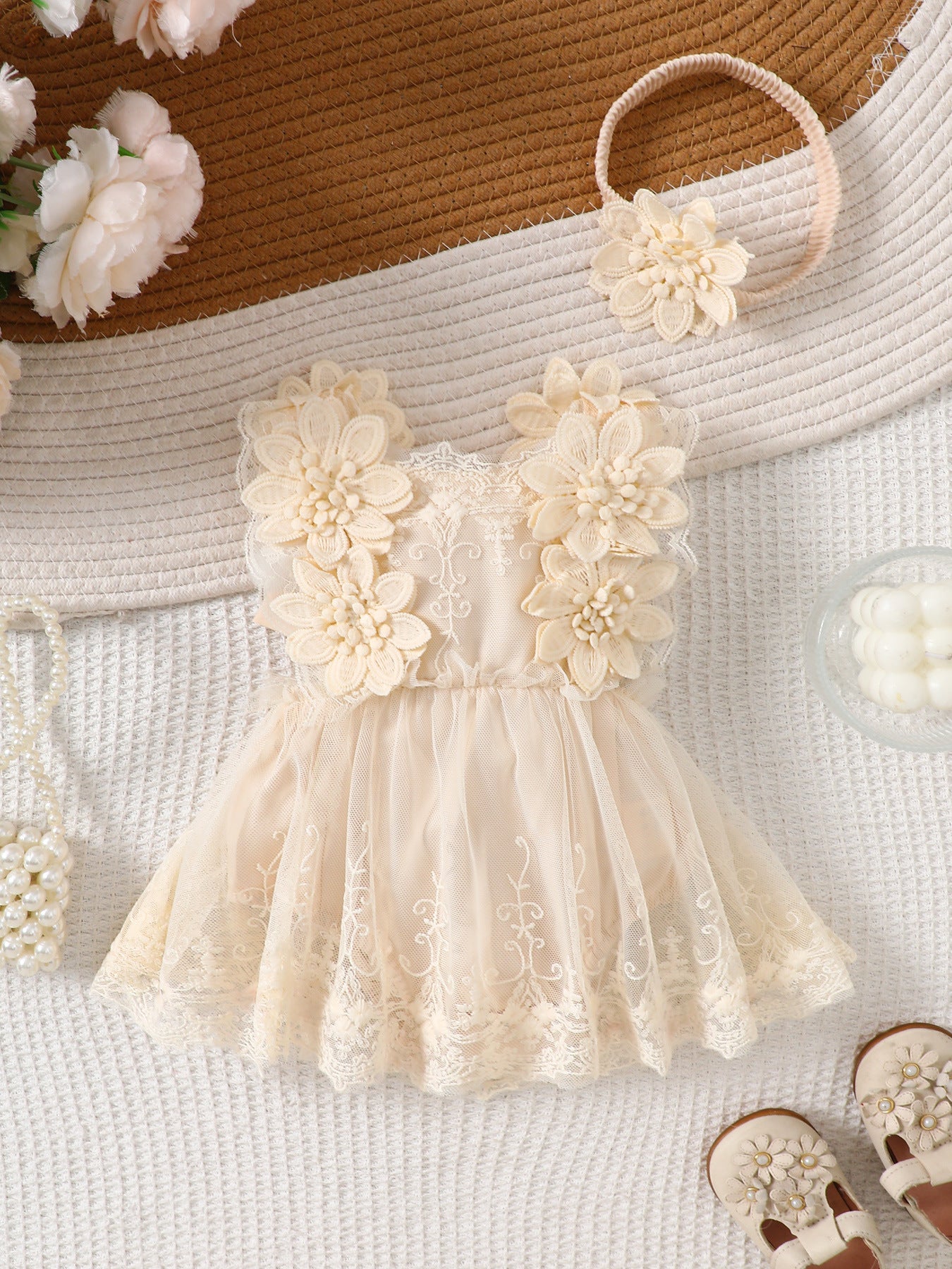 Trim Mesh Rompers Flower Romper Tulle Tutu Princess Dress Hair Jumpsuit, Climbing Suit