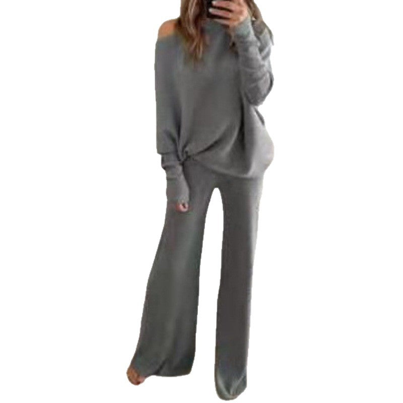 Simple Batwing Sleeve Long Drawstring High Waist Wide Leg Trousers Suits