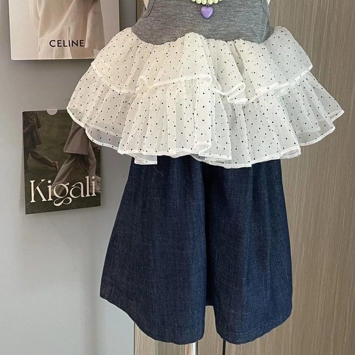 Children's Fashion Dot Mesh Vest Skirt Top Children's Suit