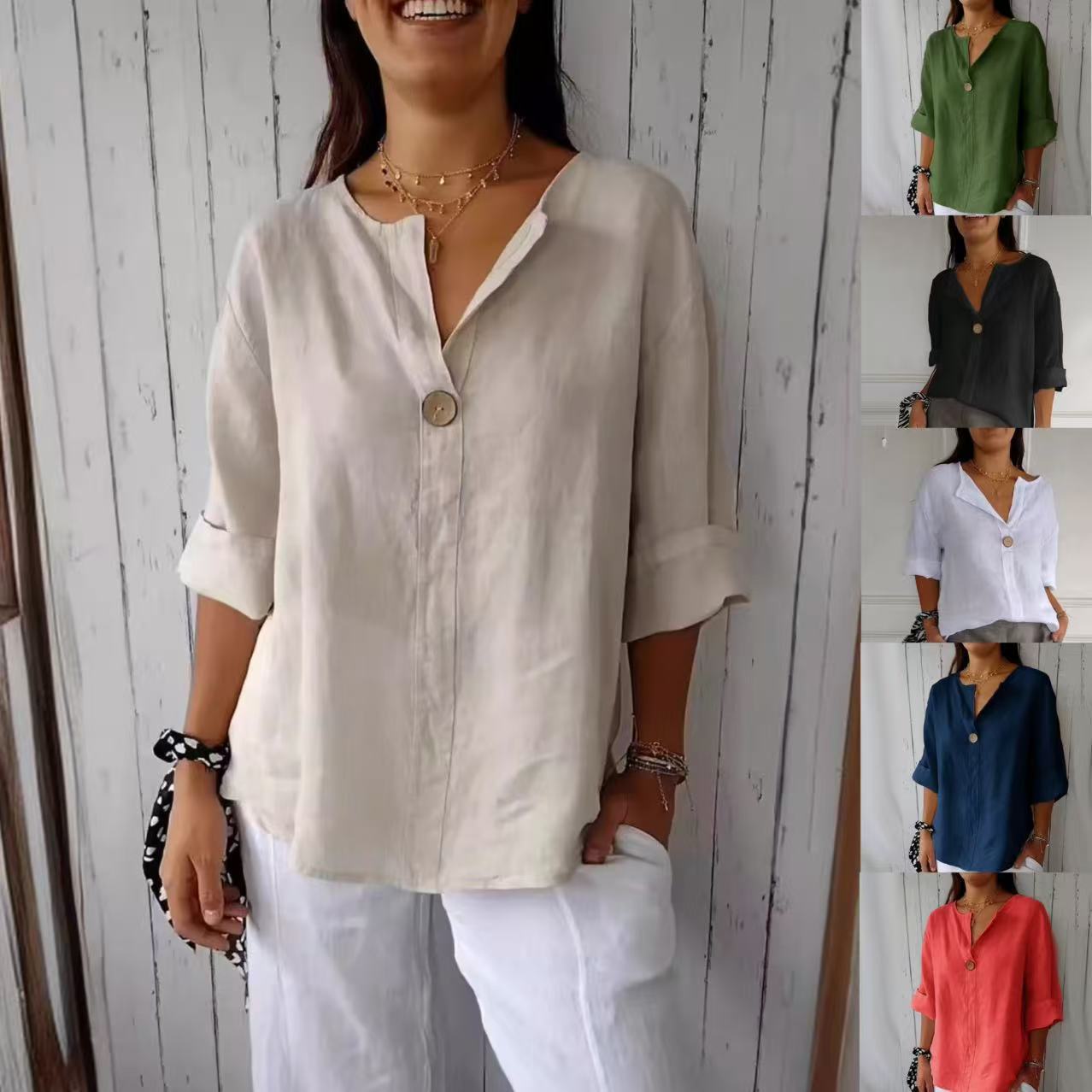 Women's Autumn Casual Loose T-shirt Buttons Cotton Tops