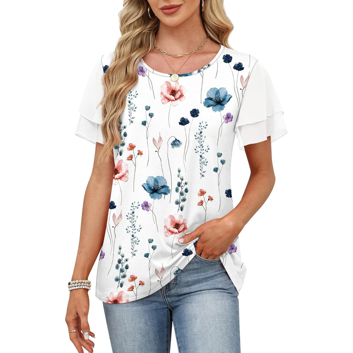 Women's Round Neck Printed Contrast Color Double Tops