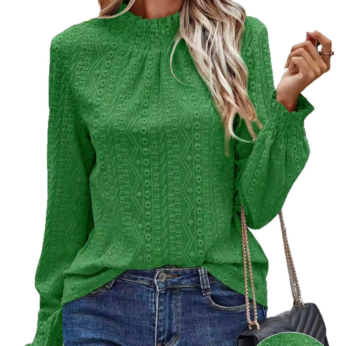 Women's Autumn Solid Color Fashion Hollow Stand Collar Puff Women's T-shirt