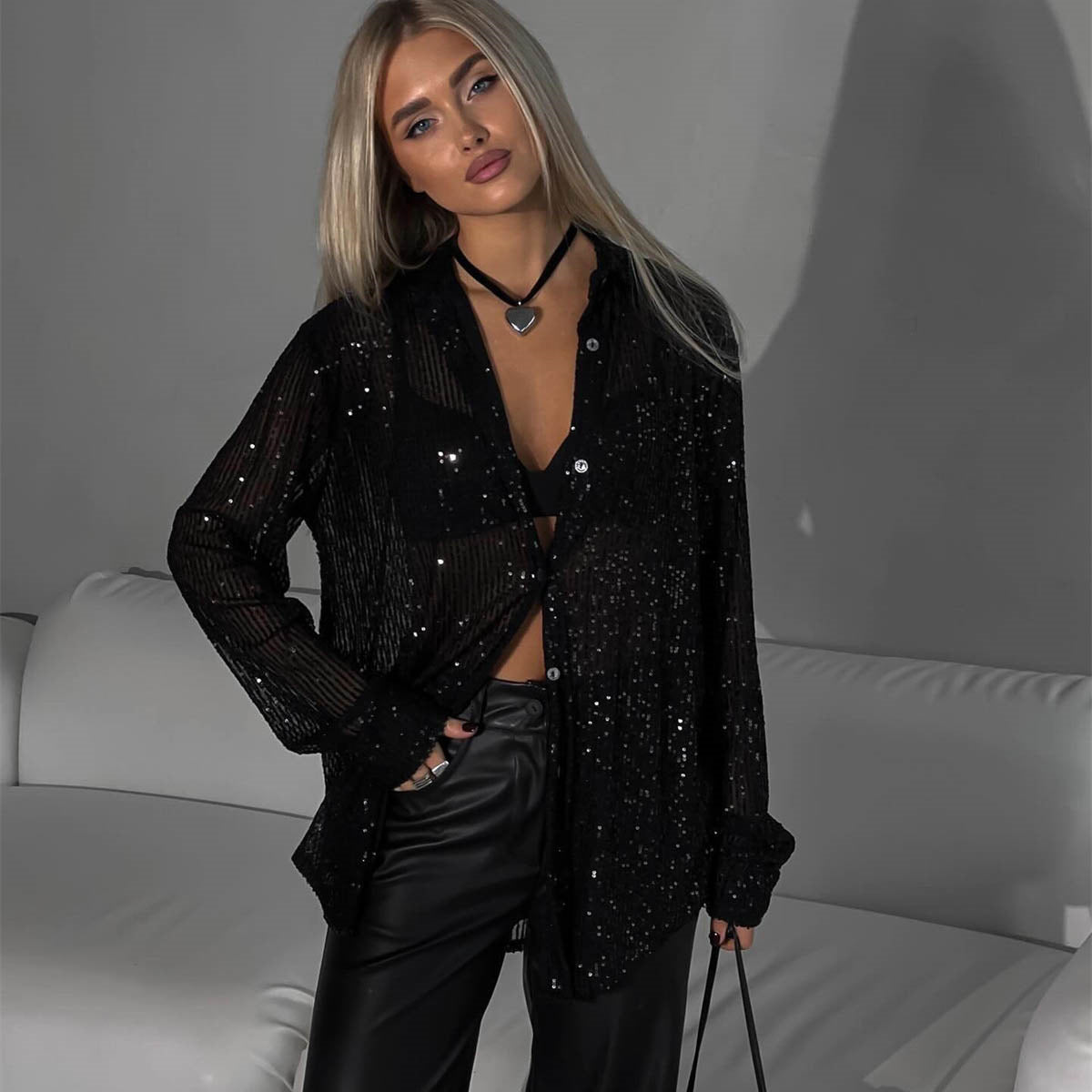 Women's Sequin Lapel Long Sleeve Basic Style Blouse