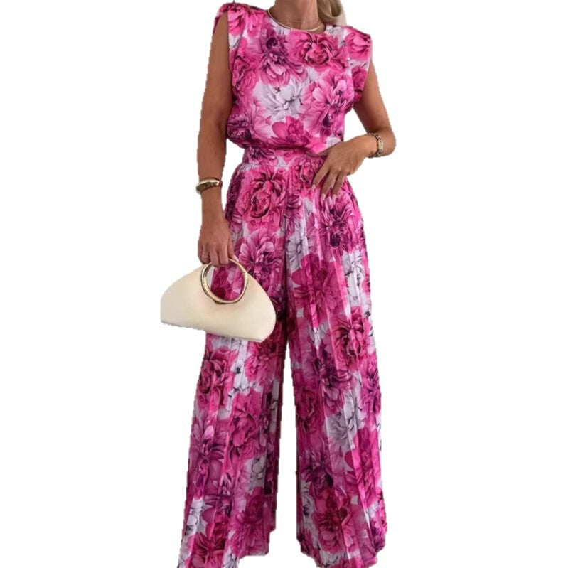 Women's Round Neck Sleeveless Wide Leg Two-piece Fashion Casual Suit