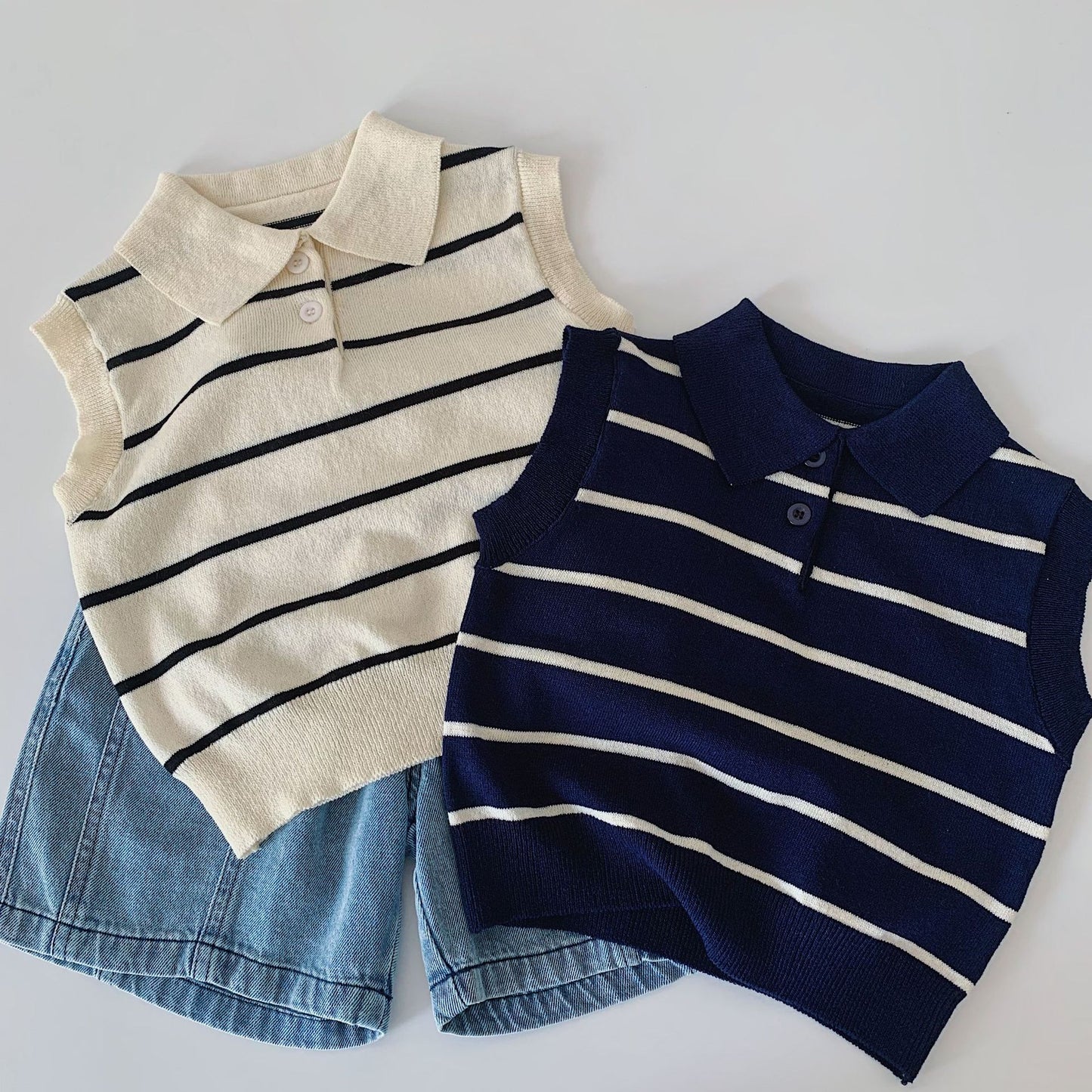 Children's Boy's Knitted Vest Summer Striped Lapel Children's T-shirt