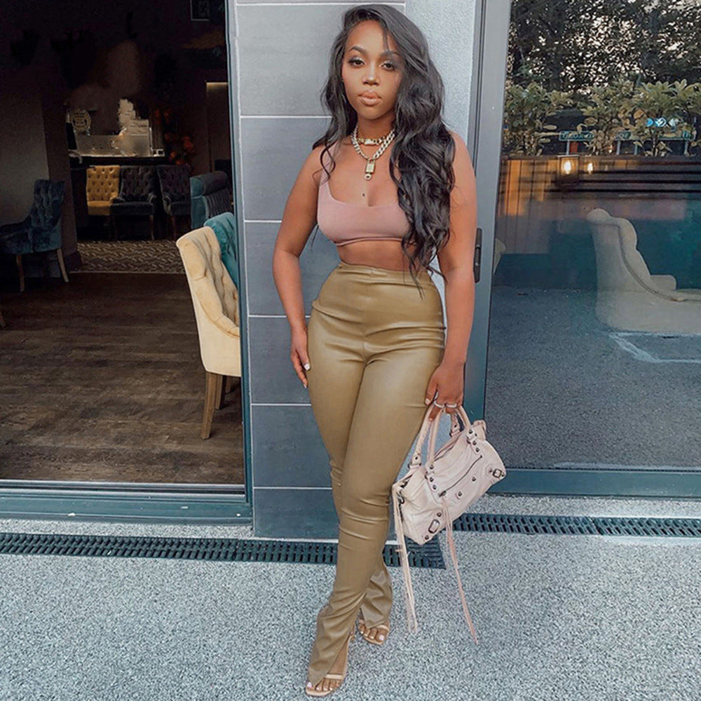 Women's Elastic Leather Sexy Slim Fit Slit Pants