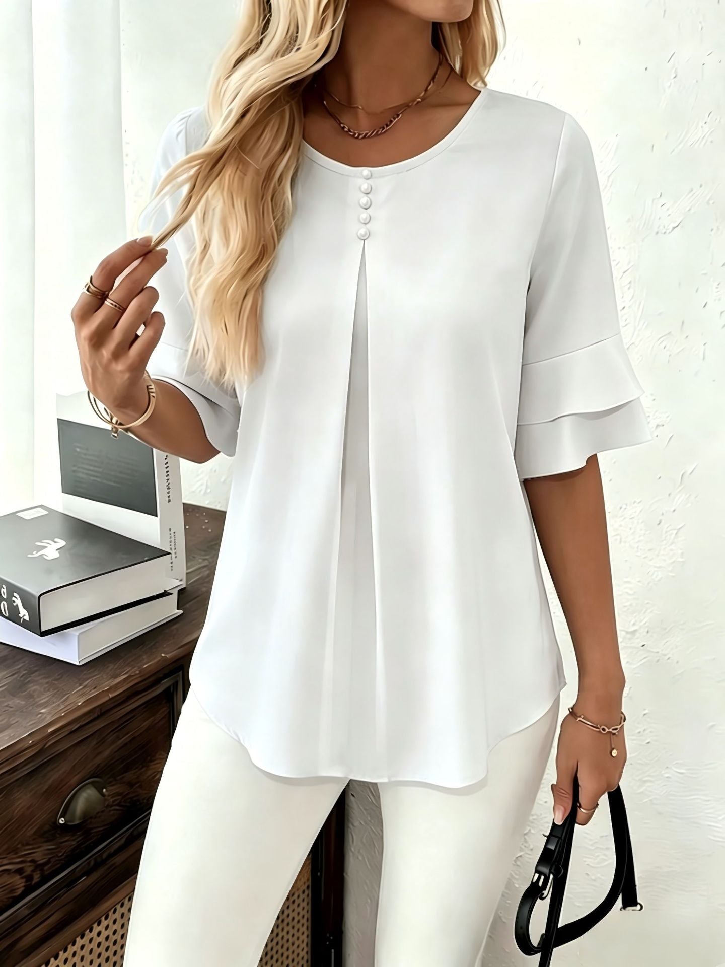 Women's Casual Comfortable Loose Slimming Double Layer Ruffled Blouse