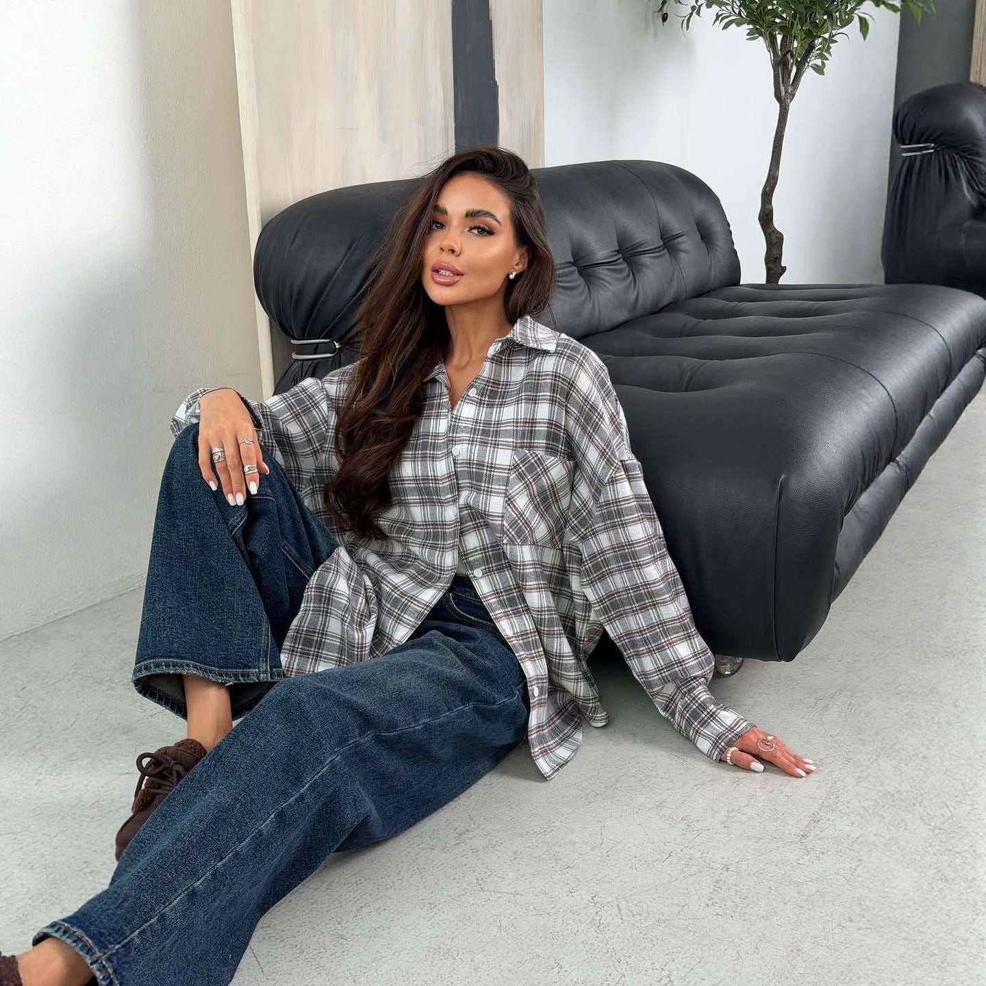 Women's Plaid Shirt Lapel Loose Slimming Mid-length Blouse