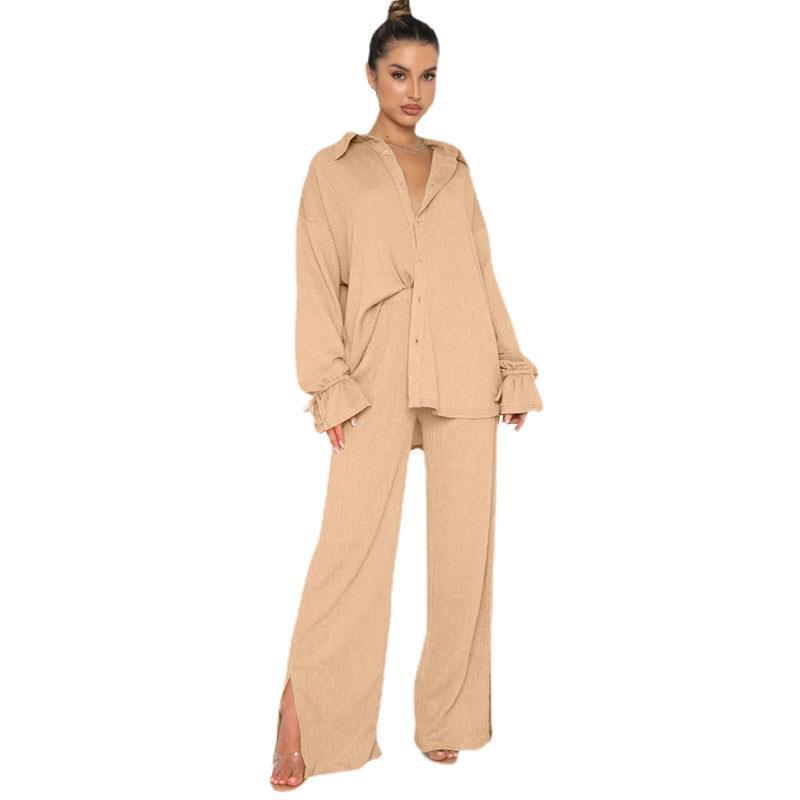 Women's Spring Solid Color Polo Collar Single-breasted Long Sleeve Tied Tops