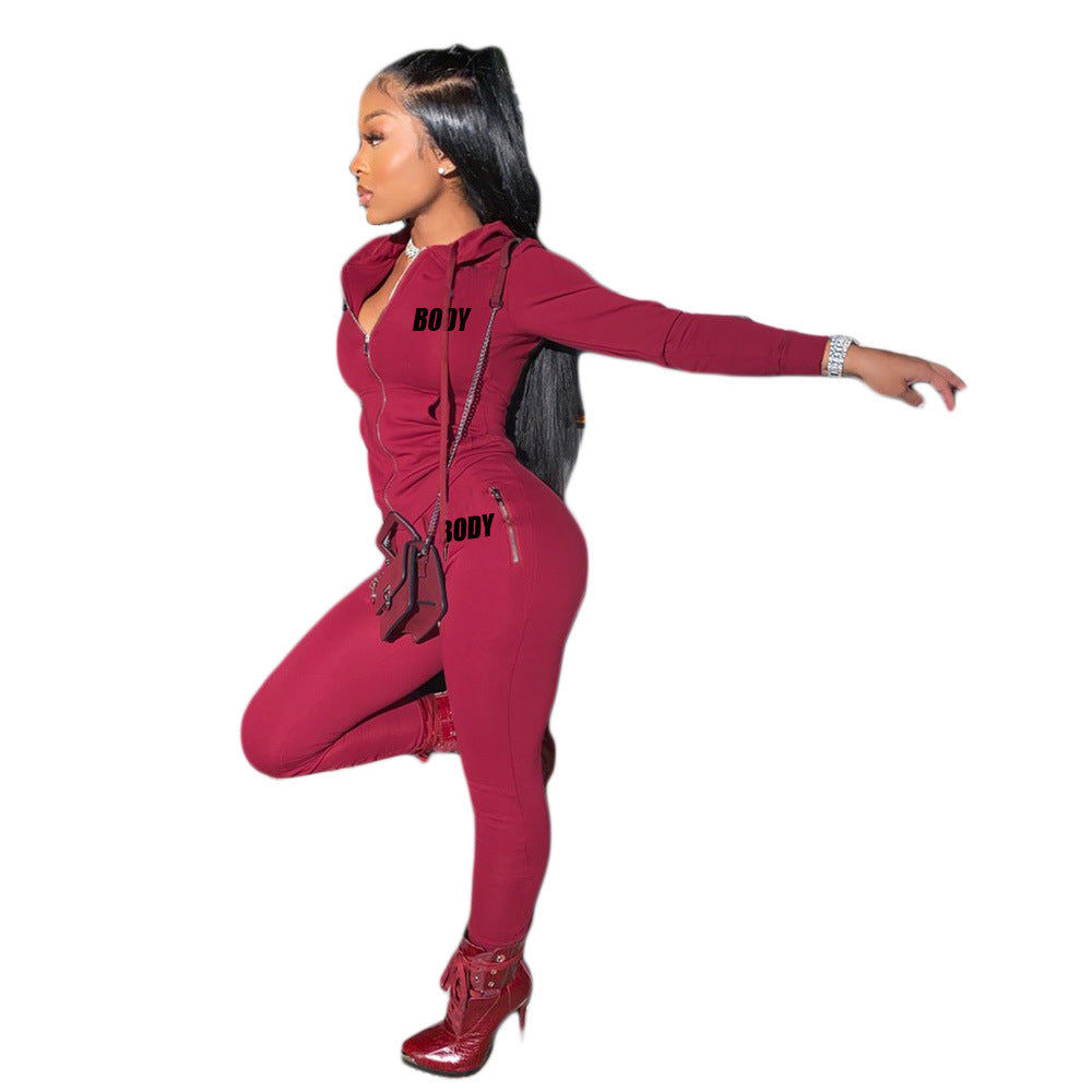 Women's Autumn Letters Printing Personality Zipper Two-piece Clothing