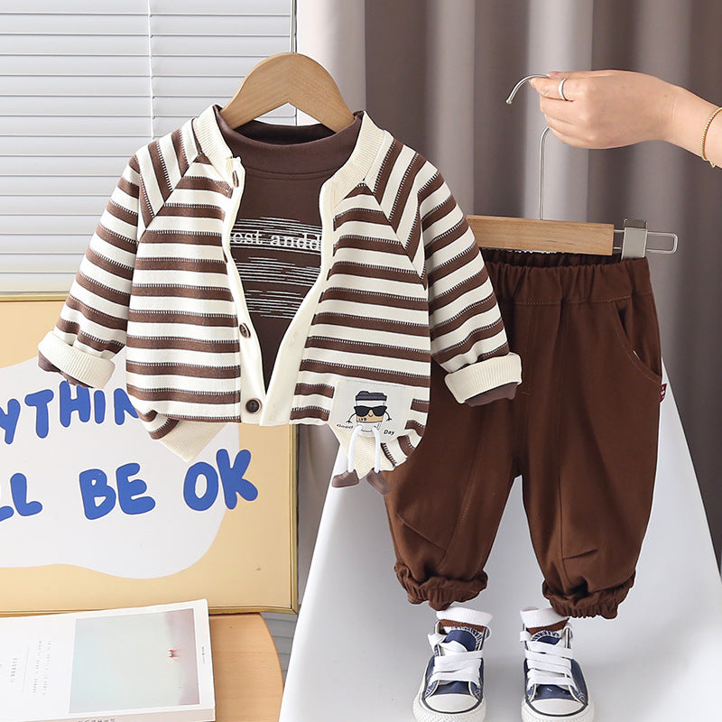 Fashionable Spring Clothing Striped Cardigan Three-piece Children's Suit