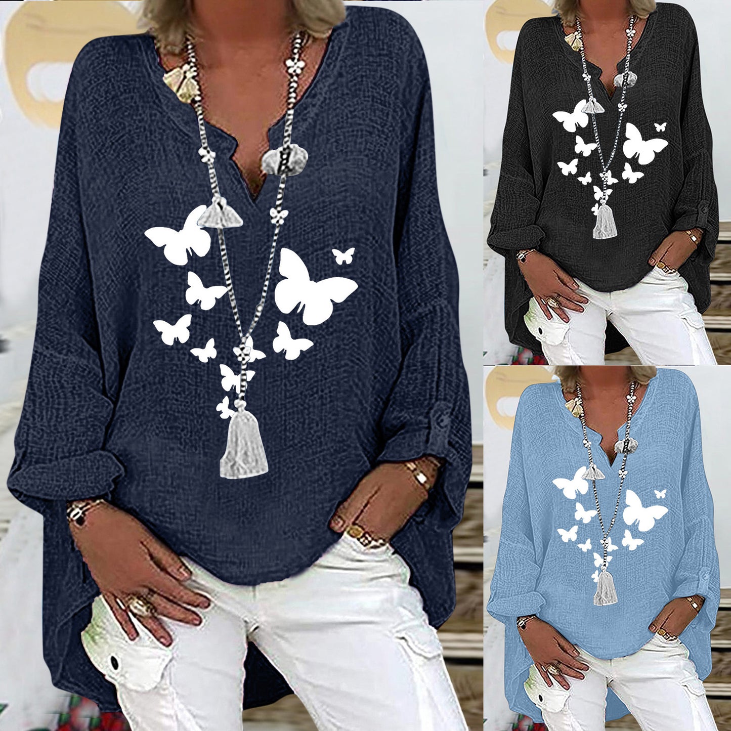 Women's Group Printed Collar Cotton Linen Long-sleeved Shirt Tops
