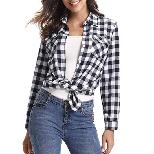 Women's Plaid Shirt Lapel Casual Fashion Double Pocket Long Blouse