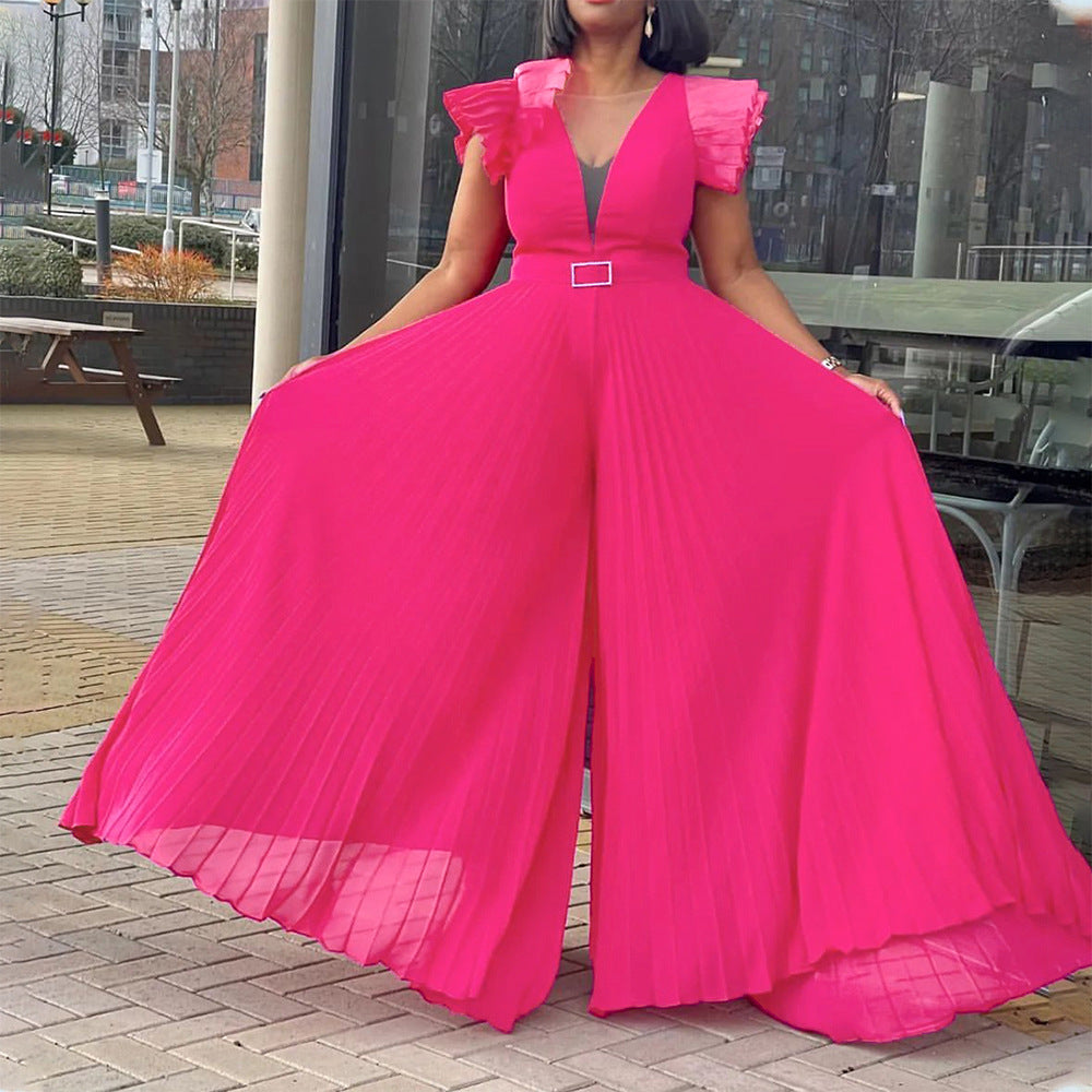 Women's Mesh Sexy Pleated Wide Leg Fitted Jumpsuits