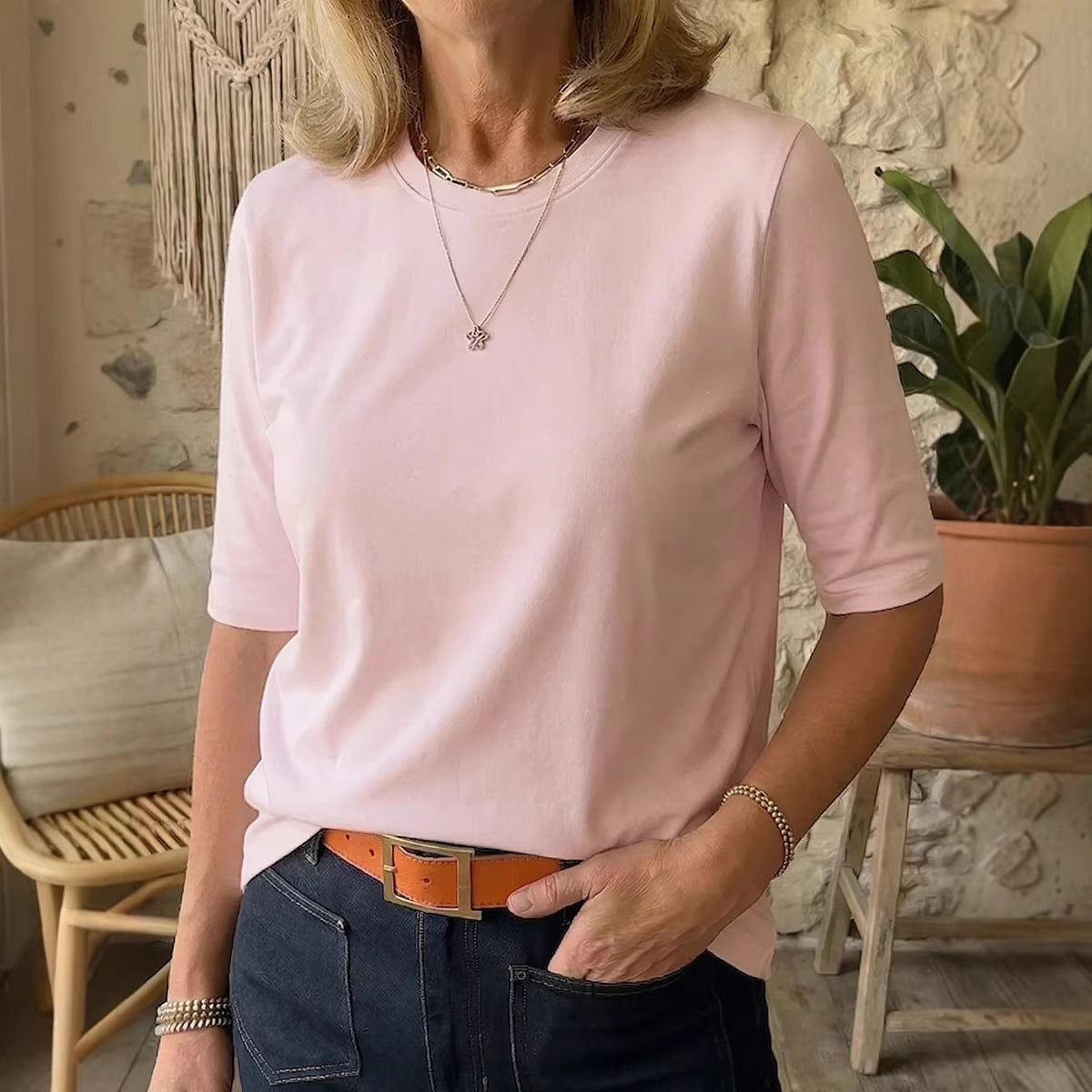 Women's Casual Round Neck Shoulder Half Sleeve Women's T-shirt