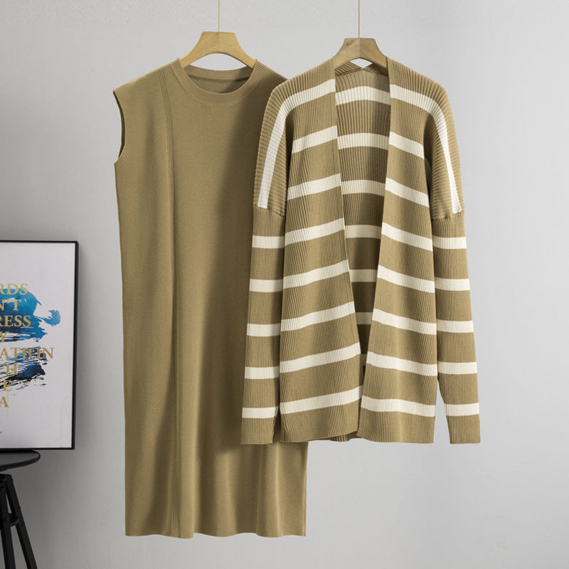 Women's Dress Autumn Loose Mid-length Striped Knitted Fashion Casual Suit