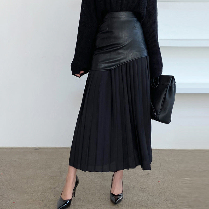 Women's Korean Style Leather Stitching Contrast Colors Skirts