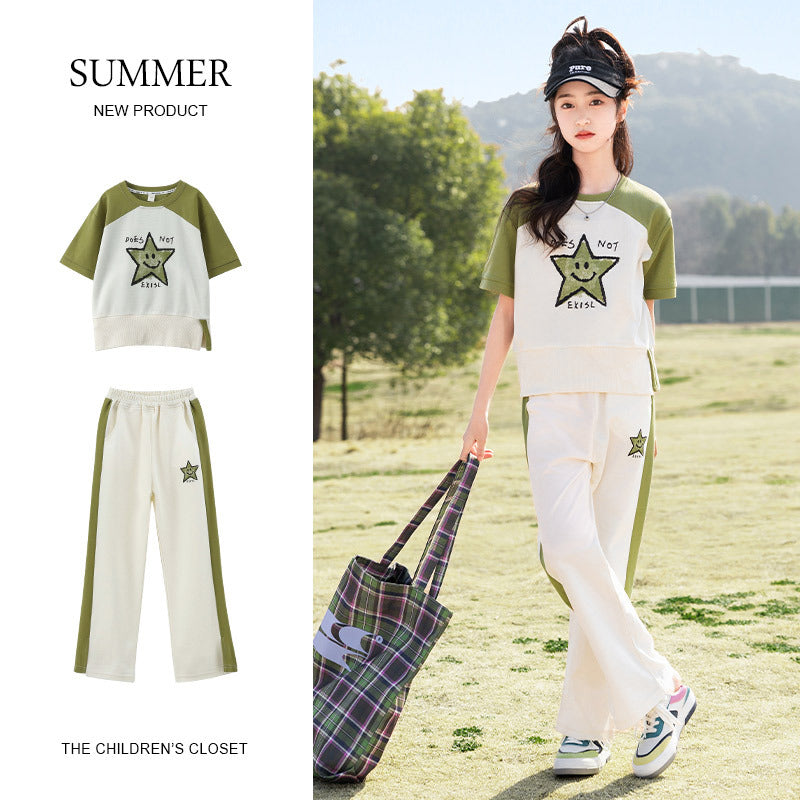 Children's Medium Large Casual Knitted Short Sleeve Trousers Children's Suit