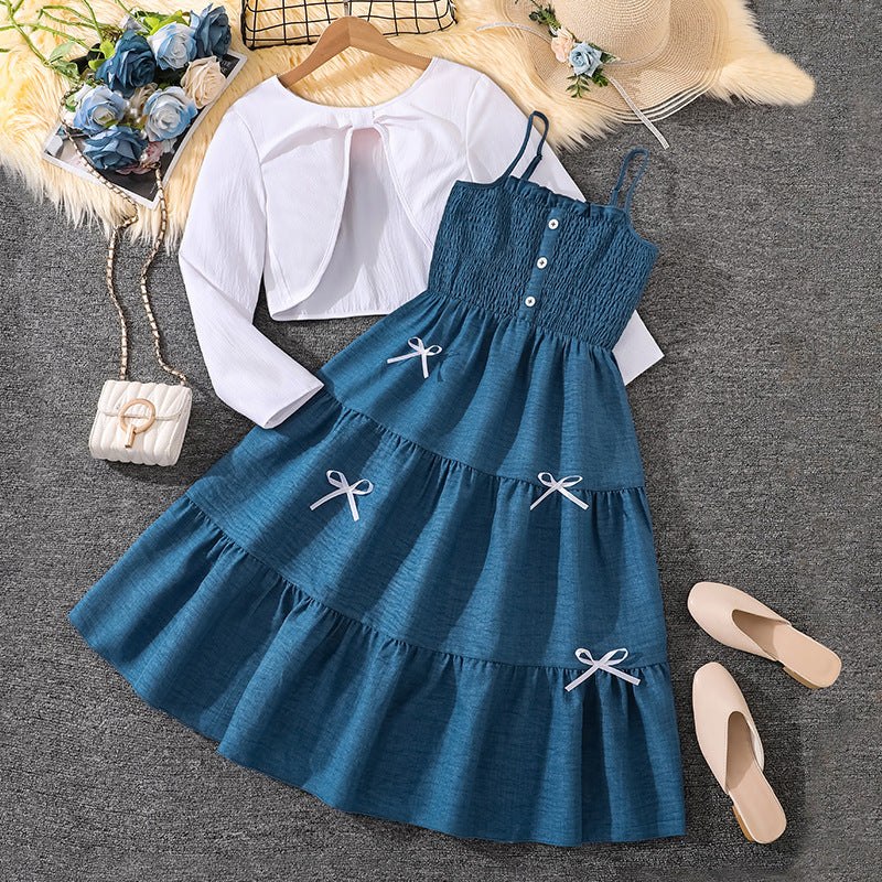 Children's Older Clothing Spring Sweet Floral Suspender Children's Suit