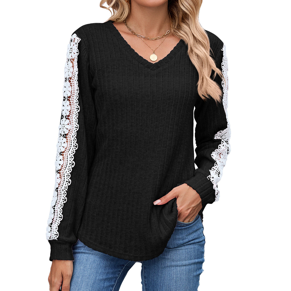 Women's Loose Long Sleeve Lace In Contrast Women's T-shirt