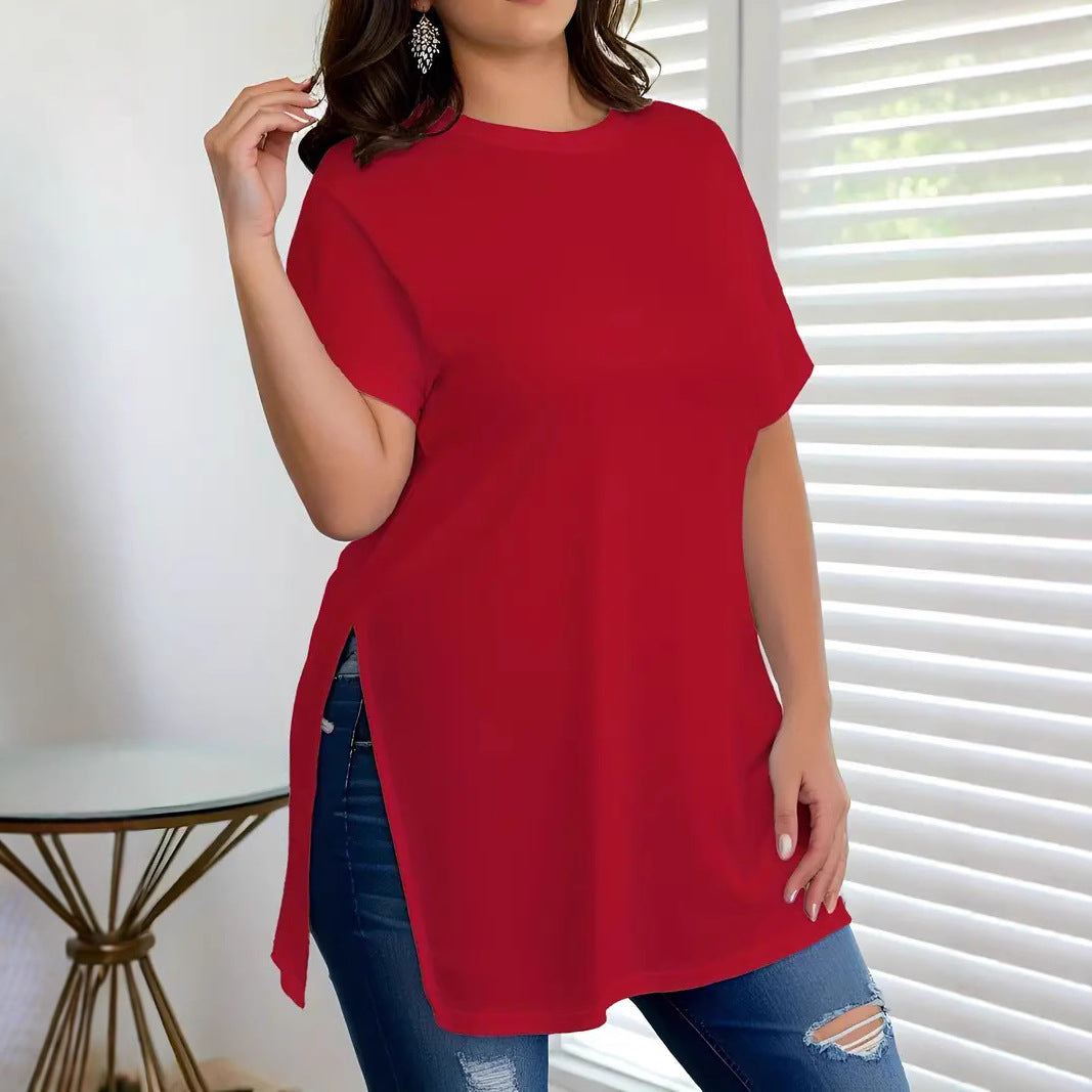 Versatile Women's Loose Slit Round Neck Tops
