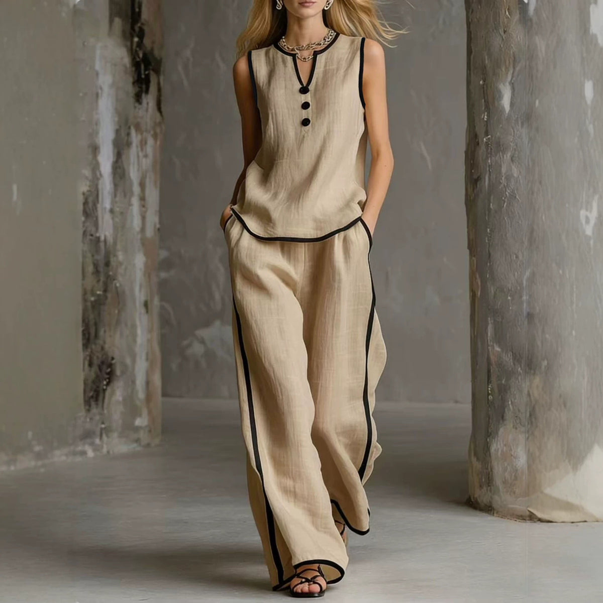 Color Trim Sleeveless Wide Leg Two-piece Pants