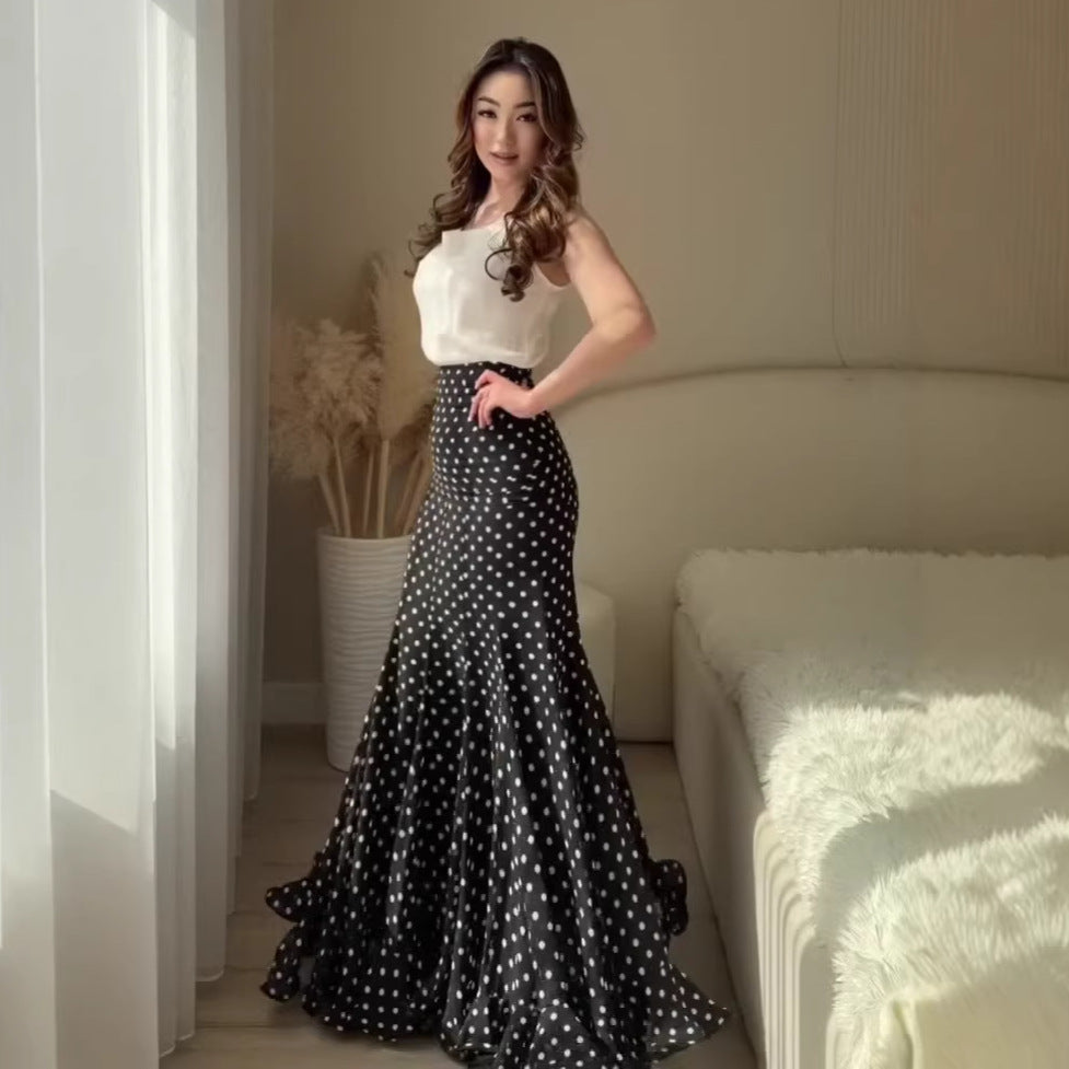 Women's Polka Dot High Waist Slimming Large Hem Skirt